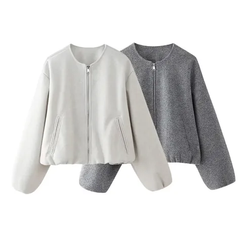 Giacca da Donna Casual Girocollo con Cerniera Manica Lunga Spalla Cadente Cappotto Morbido Grigio Melange Bianco Crema