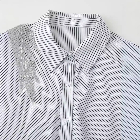 Camicia da Donna Elegante a Righe a Manica Lunga Con Ricamo a Foglia di Perline Colletto a Punta Camicetta Casual Ufficio Top