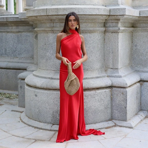 Elegant Women Halter Neck Backless Satin Maxi Dress Sleeveless Pleated Evening Gown With Ribbon For Wedding Party Banquet