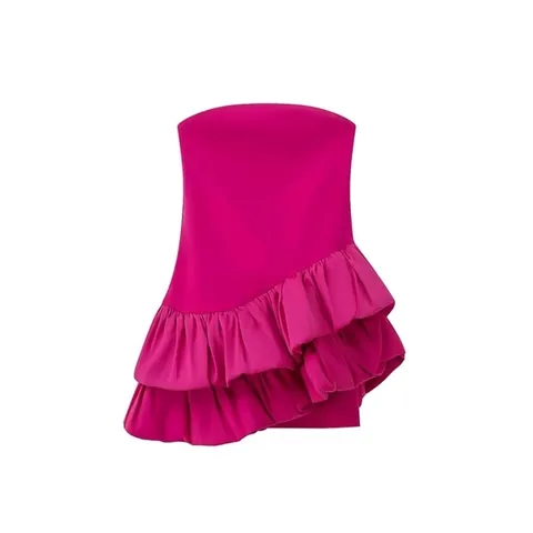 Abito Mini Senza Spalline Donna Fucsia Elegante Orlo con Volant Tubino Festa Vestito Bodycon Asimmetrico Effetto Satine