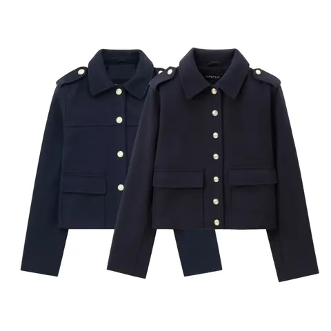 Veste Courte en Laine pour Femmes Bleu Marine Style Militaire Revers Avec Boutons Métalliques Et Épaulettes Manteau d'Automne Élégant