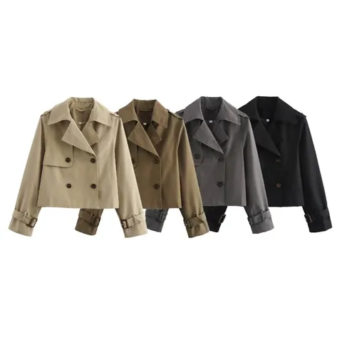 Dames Korte Double-Breasted Trenchcoat Casual Polyester Reverskraag Jas Met Epauletten En Verstelbare Manchetten Mode Bovenkleding