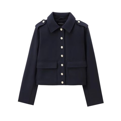 Veste Courte en Laine pour Femmes Bleu Marine Style Militaire Revers Avec Boutons Métalliques Et Épaulettes Manteau d'Automne Élégant