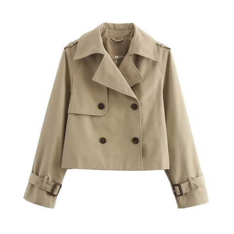 Dames Korte Double-Breasted Trenchcoat Casual Polyester Reverskraag Jas Met Epauletten En Verstelbare Manchetten Mode Bovenkleding