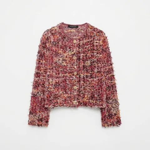 Women Tweed Knit Cardigan Round Neck Long Sleeve Jacket Mixed Color Elegant Open Front Coat With Gold Buttons