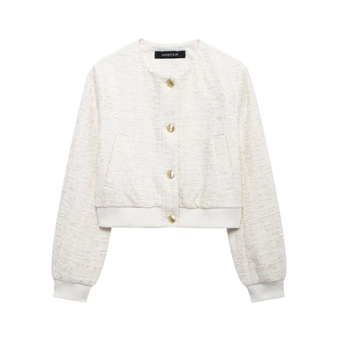 Women's Casual Tweed Jacket Gold Buttons Round Neck Ribbed Cuffs Long Sleeve Outerwear Autumn Winter Streetwear Top