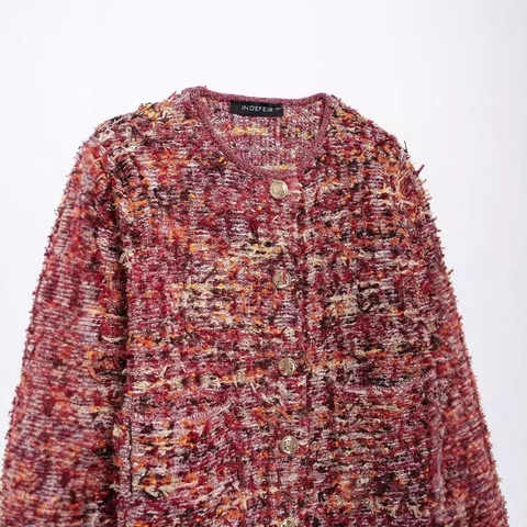 Women Tweed Knit Cardigan Round Neck Long Sleeve Jacket Mixed Color Elegant Open Front Coat With Gold Buttons