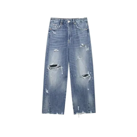 Pantaloni Donna Retro a Vita Alta Jeans in Denim Strappati Gamba Dritta Distressed Lavati Streetwear Vintage Blu Donna
