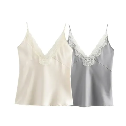 Débardeur Camisole en Satin Sexy à Col en V pour Femmes Avec Bordure en Dentelle Élégant Sans Manches Couleur Unie Chemisier Été
