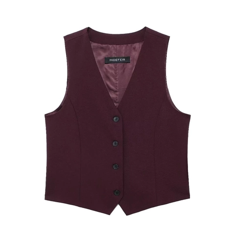 Women Elegant 2 Piece Suit Set V Neck Vest And High Waist Wide Leg Pants Wine Red Streetwear Office Casual Clothing Set