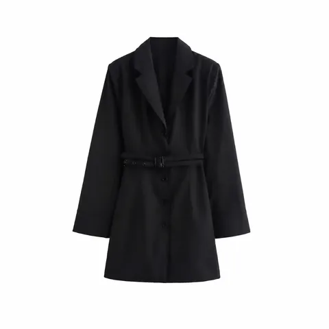 Abito Blazer Nero da Donna a Maniche Lunghe Con Cintura Colletto a Revers Monopetto Tinta Unita Mini Abito Streetwear