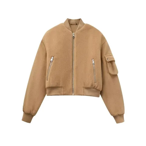Women's Fashion Short Bomber Jacket Long Sleeve Zipper Outwear Khaki Polyester Casual Solid Streetwear Flight Jacket Coat