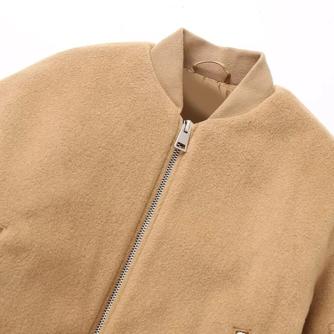 Women's Fashion Short Bomber Jacket Long Sleeve Zipper Outwear Khaki Polyester Casual Solid Streetwear Flight Jacket Coat