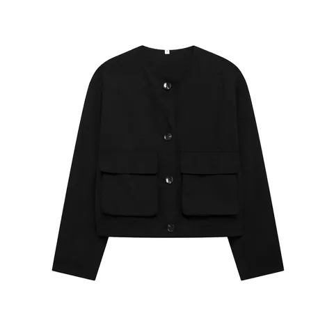 Veste Courte Noire à Col Rond pour Femmes Avec Poches Cargo Et Boutons Manteau Décontracté à Manches Lungues Pour Automne Hiver