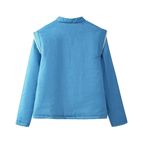Veste Matelassée Bleue Vintage pour Femmes Col Montant Broderie Florale Blanche Style Ethnique Manches Longues Rembourrée en Coton