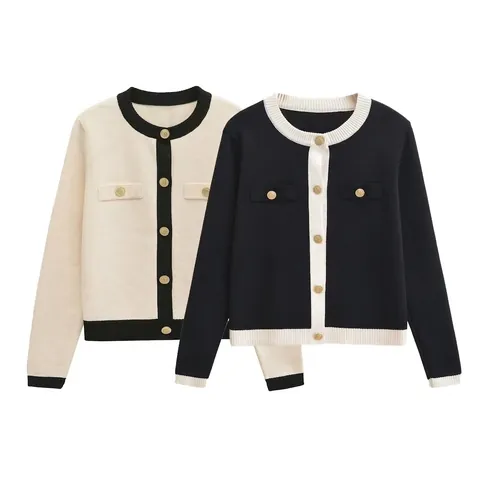 Women's Elegant Contrast Color Knit Cardigan Vintage Gold Button Round Neck Long Sleeve Spliced Knitted Sweater Top