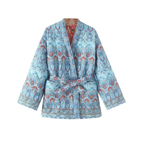 Chaqueta Acolchada Estampada Paisley Bohemio para Mujer Vintage Étnico Cuello Kimono con Cinturón Abrigo Acolchado Manga Larga Ropa de Invierno