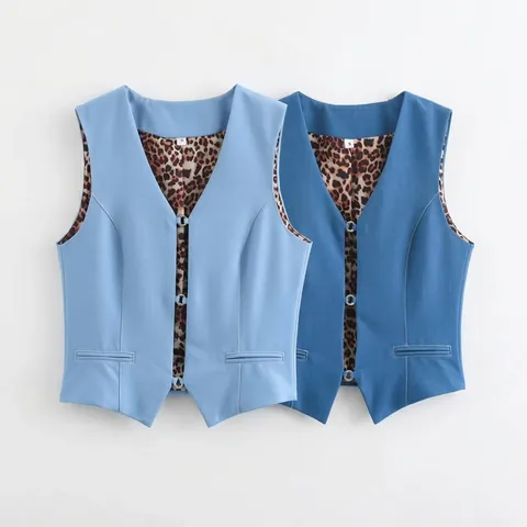 Gilet Femme Street Fashion Col en V Doublure Léopard Bouton Anneau Métal Gilet Court en Polyester Haut Décontracté