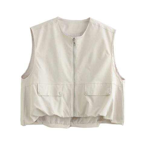 Chaleco Utilitario Casual para Mujer Con Cremallera Poliéster Tejido Bolsillos Con Solapa Cuello Redondo Sin Mangas Color Sólido Streetwear Ropa de Abrigo