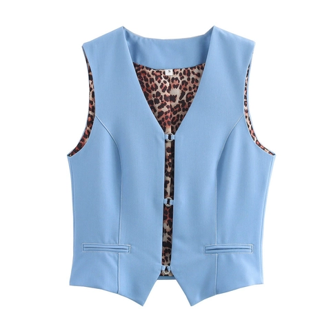 Gilet Femme Street Fashion Col en V Doublure Léopard Bouton Anneau Métal Gilet Court en Polyester Haut Décontracté