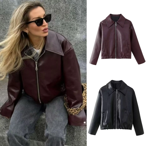 Women's Oversized Faux Leather PU Jacket Vintage Streetwear Lapel Long Sleeve Zipper Short Coat Fashion Windproof Outerwear