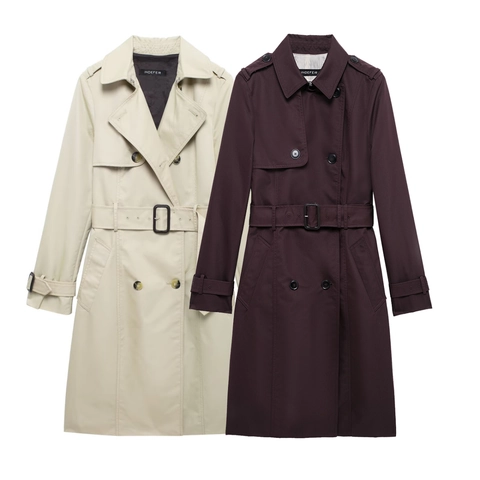 Trench Lungo Classico da Donna a Doppiopetto Con Cintura in Vita Revers a Maniche Lunghe Giacca a Vento per Autunno Inverno