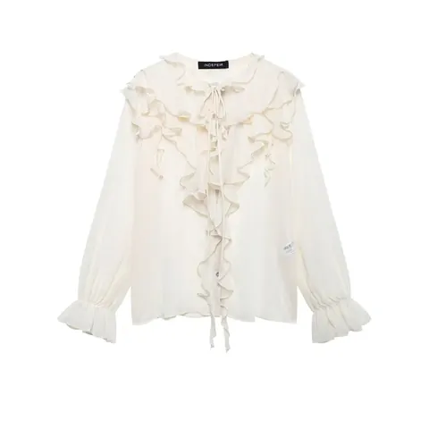 Elegante Blusa de Gasa con Volantes para Mujer Cuello con Lazo Manga Larga Capas Oficina Casual Tops Color Sólido Crema Beige