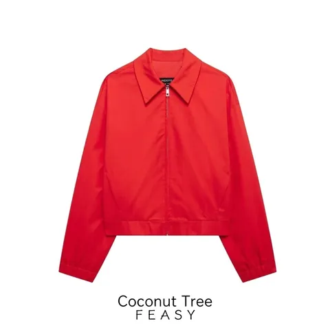 Women's Casual Fall Winter Zipper Jacket Solid Color Red Lapel Long Sleeve Pockets Loose Fashion Outerwear Coat