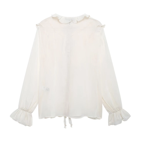 Elegante Blusa de Gasa con Volantes para Mujer Cuello con Lazo Manga Larga Capas Oficina Casual Tops Color Sólido Crema Beige