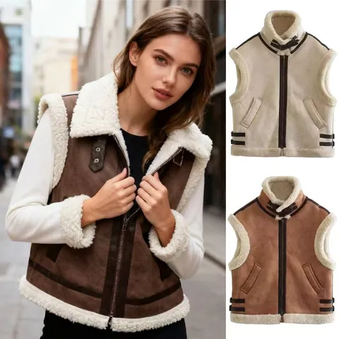 Damen Retro Wildlederimitat Lammfellimitat Weste Stehkragen Reißverschluss Ärmellos Jacke Warm Streetwear Moto Style Weste