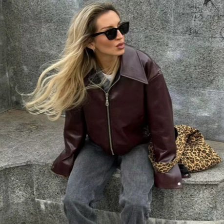 Women's Oversized Faux Leather PU Jacket Vintage Streetwear Lapel Long Sleeve Zipper Short Coat Fashion Windproof Outerwear