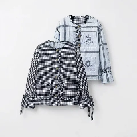 Chaqueta Acolchada Reversible para Mujer Estampado de Cuadros Gingham Cuello Redondo De Un Solo Pecho Manga Larga Abrigo Cálido Casual