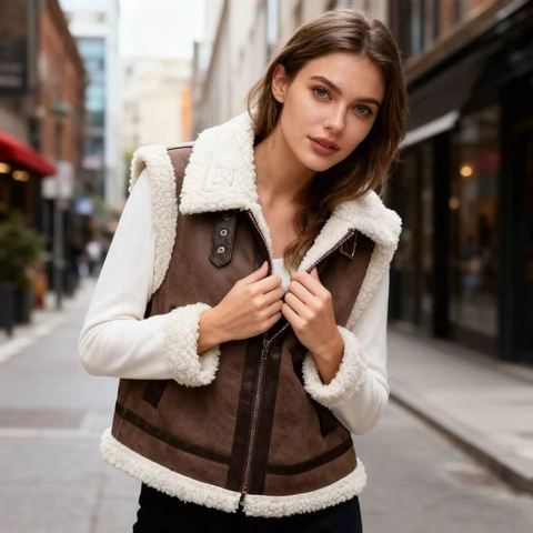 Damen Retro Wildlederimitat Lammfellimitat Weste Stehkragen Reißverschluss Ärmellos Jacke Warm Streetwear Moto Style Weste