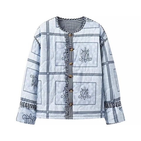 Chaqueta Acolchada Reversible para Mujer Estampado de Cuadros Gingham Cuello Redondo De Un Solo Pecho Manga Larga Abrigo Cálido Casual