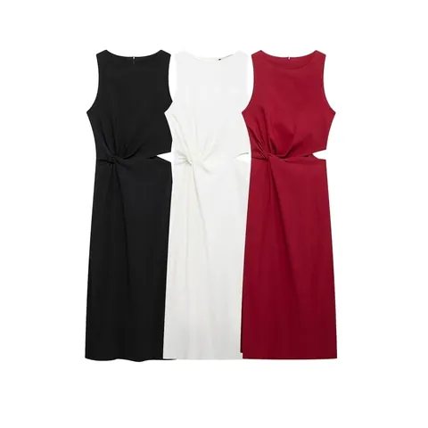 Women Elegant Sleeveless Cutout Twist Waist Midi Dress Solid Color Round Neck Cotton Blend Fashion Casual Clothing