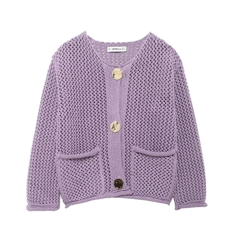 Women Casual Hollow Out Crochet Knit Cardigan Long Sleeve Round Neck Gold Button Sweater With Pockets Streetwear Top