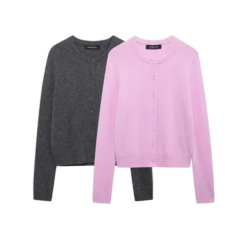 Cardigan en Maille à Col Rond pour Femmes Boutonnage Simple Manches Longues Pull Automne Hiver Couleur Unie Top