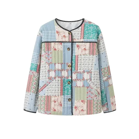 Veste Matelassée Patchwork Vintage pour Femmes Mélange de Coton Imprimé Floral Plaid Rayé Manches Longues Manteau Décontracté