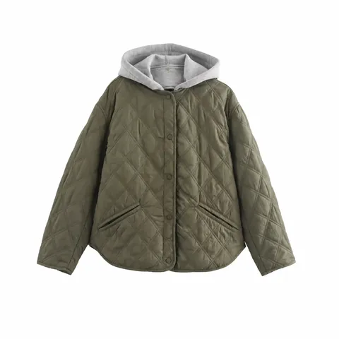 Women Casual Hooded Quilted Jacket Diamond Pattern Army Green Spliced Coat Long Sleeve Loose Fit Outwear For Autumn Winter