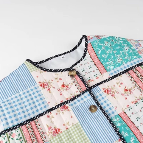 Veste Matelassée Patchwork Vintage pour Femmes Mélange de Coton Imprimé Floral Plaid Rayé Manches Longues Manteau Décontracté