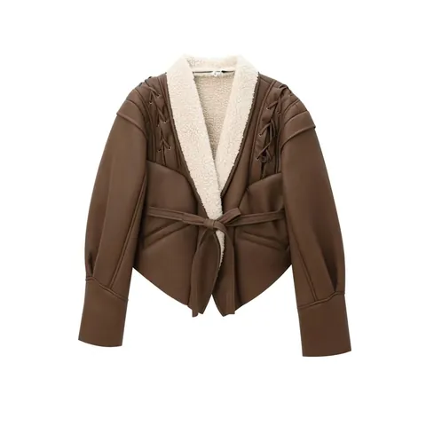 Damen Wildlederimitat Kunstfell Jacke Vintage Schnürung Revers Kurzmantel Warm Kunstleder Spleißen Mode Streetwear
