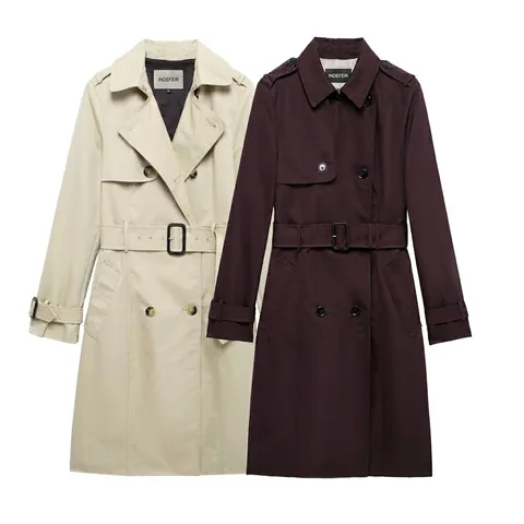 Trench Lungo Classico da Donna a Doppiopetto Con Cintura in Vita Revers a Maniche Lunghe Giacca a Vento per Autunno Inverno