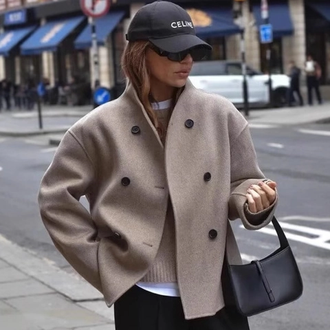 Dames Double Breasted Wollen Jas met Opstaande Kraag Mode Oversized Kort Jasje Herfst Winter Streetwear Khaki Grijs Bovenkleding