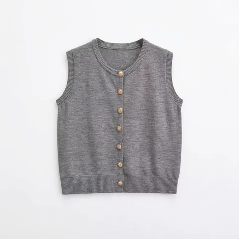 Women's Casual Knitted Vest Round Neck Single Breasted Sleeveless Sweater Top With Gold Buttons Elegant Solid Color Waistcoat