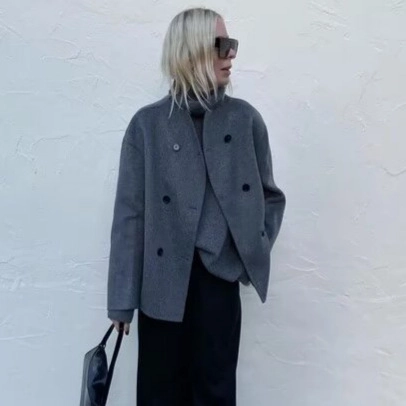 Dames Double Breasted Wollen Jas met Opstaande Kraag Mode Oversized Kort Jasje Herfst Winter Streetwear Khaki Grijs Bovenkleding