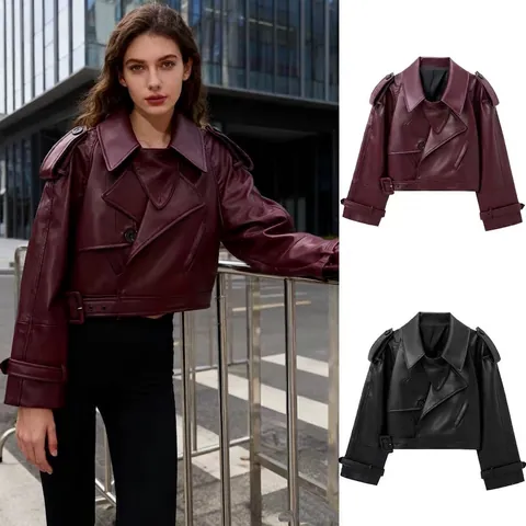 Veste de Moto en Similicuir pour Femme Manteau Court Moto Avec Ceinture Épaulettes Revers Manches Longues Rouge Vin Noir Mode