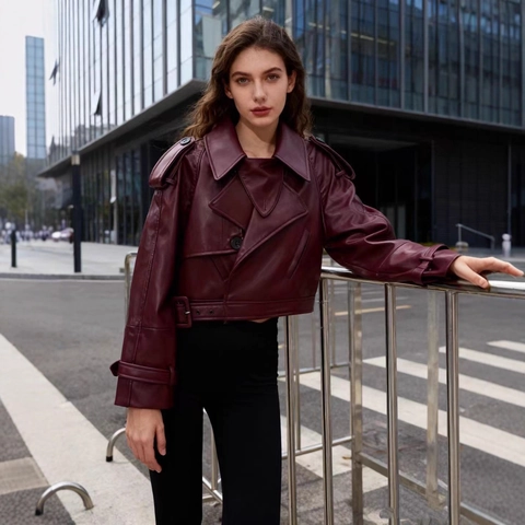 Veste de Moto en Similicuir pour Femme Manteau Court Moto Avec Ceinture Épaulettes Revers Manches Longues Rouge Vin Noir Mode