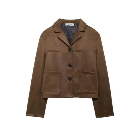 Chaqueta de Gamuza Sintética Estilo Callejero para Mujer Abrigo Corto Retro Color Sólido Solapa Botonadura Sencilla Manga Larga con Bolsillos
