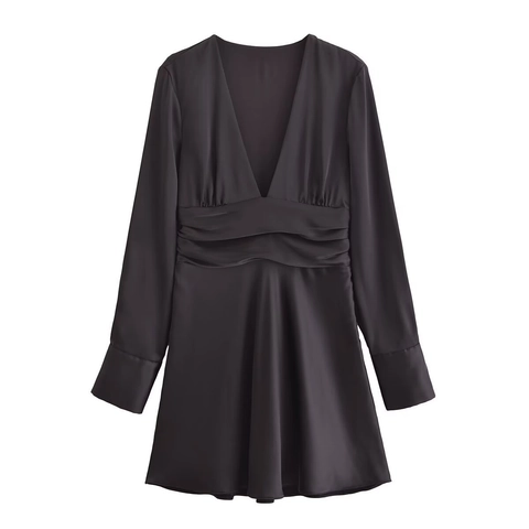 Vestito in Raso da Donna Elegante con Scollo a V Vita Alta Increspata Manica Lunga Tinta Unita Slim Fit Vestito da Festa