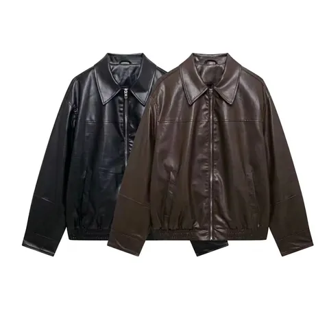 Chaqueta Bomber de Cuero Sintético Vintage para Mujer Corte Holgado Solapa Cremallera Cuero de PU Longitud Media Abrigo de Moto